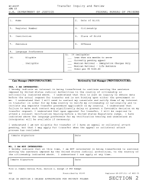 Form BP A0297, TRANSFER INQUIRY Federal Bureau of Prisons Bop