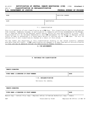 Form BP S340 051 Notification of Central Inmate Monitoring Clas