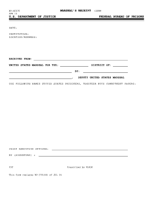 Form BP S378 058, Marshal&#039;s Receipt Federal Bureau of Prisons