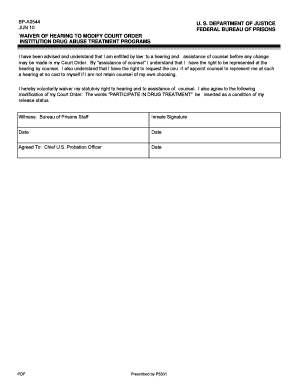 Form BP A544 053, Waiver of Hearing to Modify Court Order Institution Drug Abuse Treatment Programs