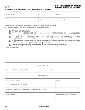 Form BP A576 052, Monetary Special Award Recommendation Inmate