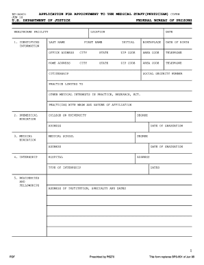 Form BP A601 063, Application for Appointment to the Medical Staffphysician Bop