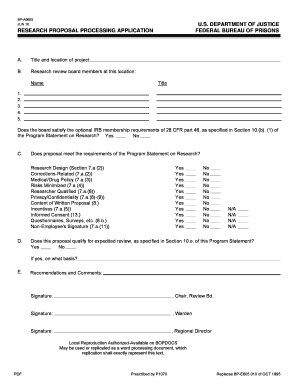 Form BP A605 010, Research Proposal Processing Application