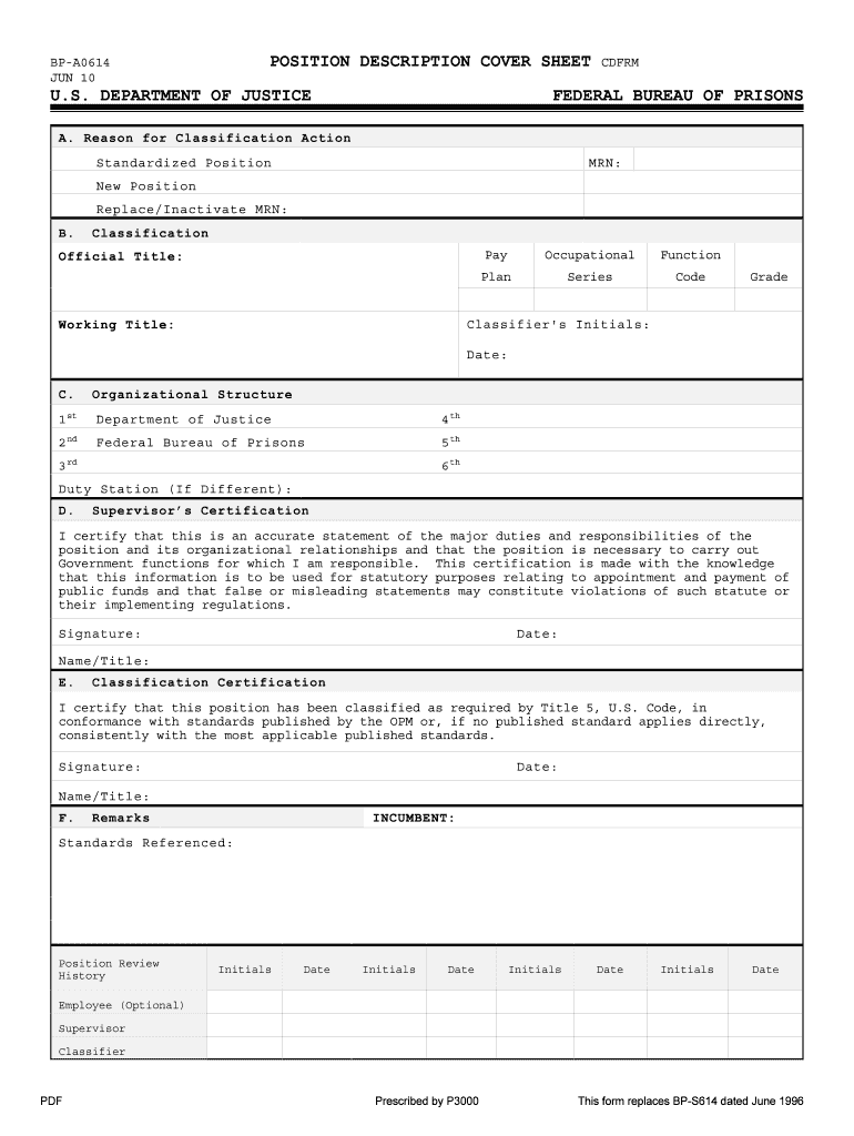 BP A0614 JUN 10 POSITION DESCRIPTION COVER SHEET U  Form