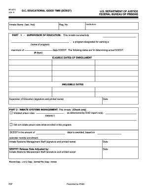 Form BP A711 053, DC Educational Good Time Federal Bureau of