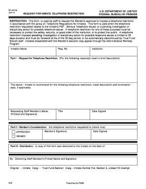 Form BP A740 052, Request for Inmate Telephone Restriction