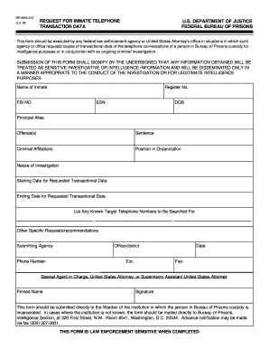 Form BP A655 013, Request for Inmate Telephone Transaction Data