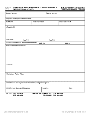 Form BP A716 012, Summary of Investigation for Classification No 3 Cases