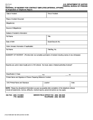 Form BP A774 012, Referral of Incident for Contract Employee Internal Affairs