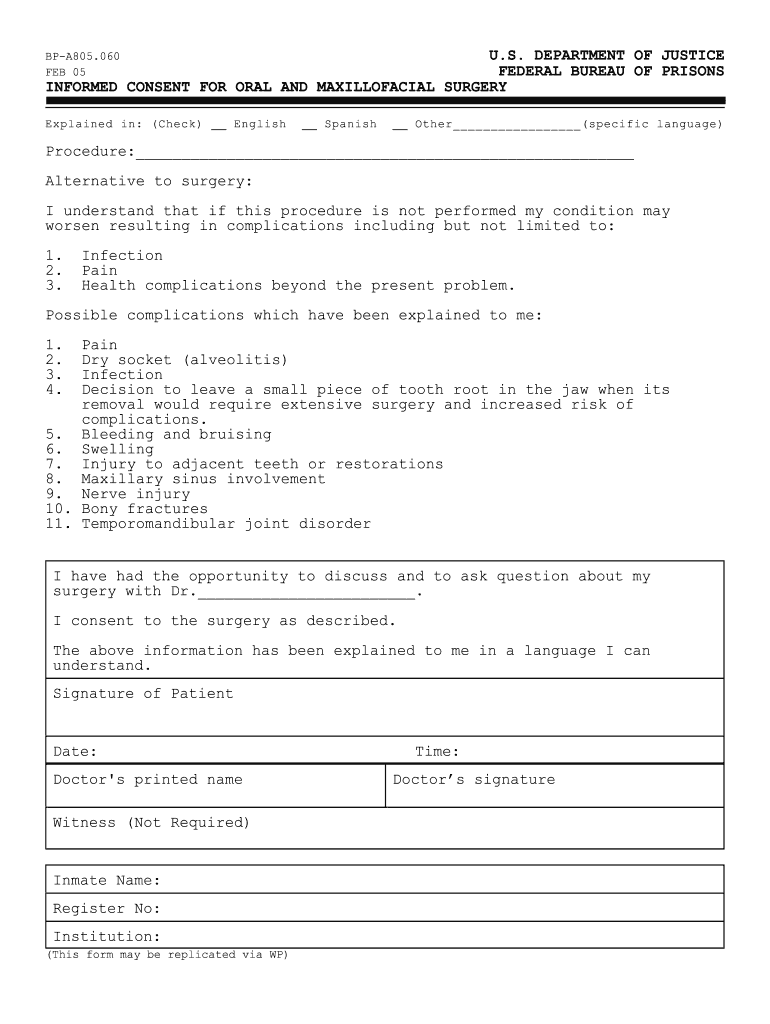 Form BP A805 060, Informed Consent for Oral and Maxillofacial Surgery