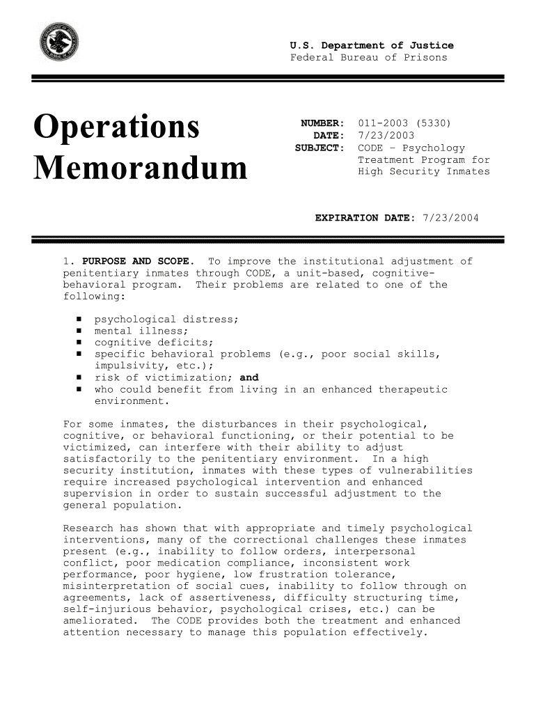 Operations Memorandum 011 , CODE Psychology Treatment Program for High Security Inmates Bop  Form