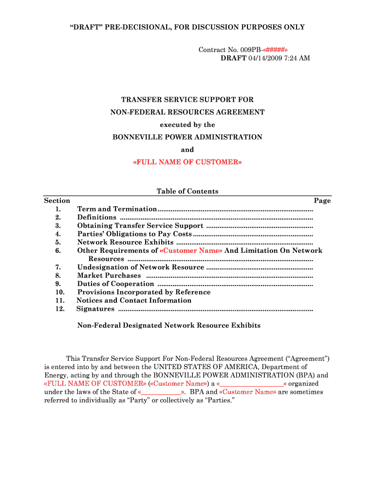 Final Draft Non Federal Transfer Agreement, April 14, Transfer Service for Non Federal Resources Agreement Workshop Bpa  Form