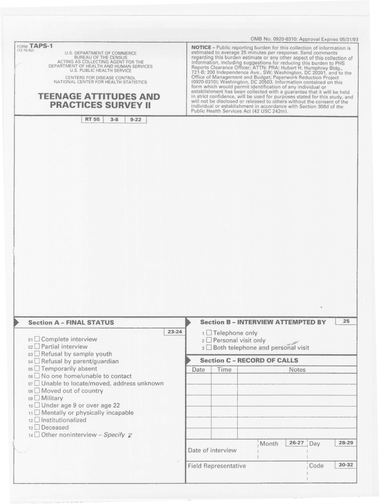 National Health Survey Questionnaire Questionnaire of Teenage Attitudes and Practices Survey TAPSII Form