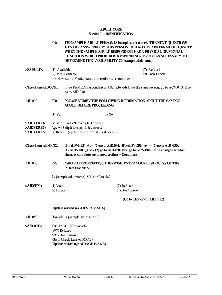 ADULT CORE Section I IDENTIFICATION FR the SAMPLE Ftp Cdc  Form