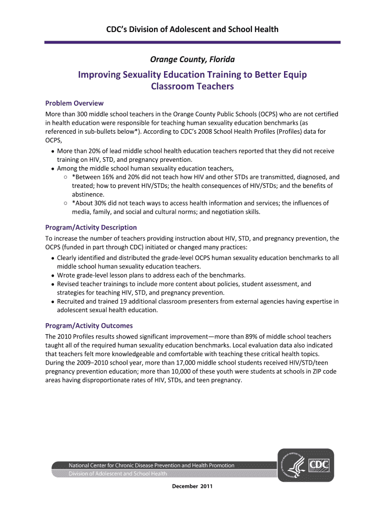 Success Summary Orange County, Florida Sexuality Education Success Stories Cdc  Form
