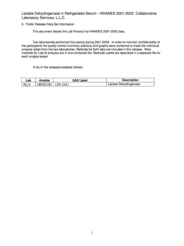 Lactate Dehydrogenase in Refrigerated Serum NHANES Collaborative Cdc  Form