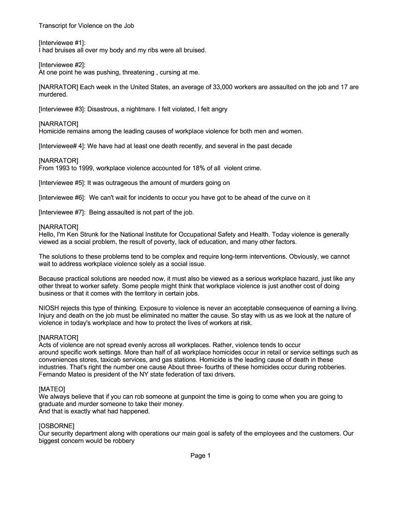 Transcript for Violence on the Job  Form