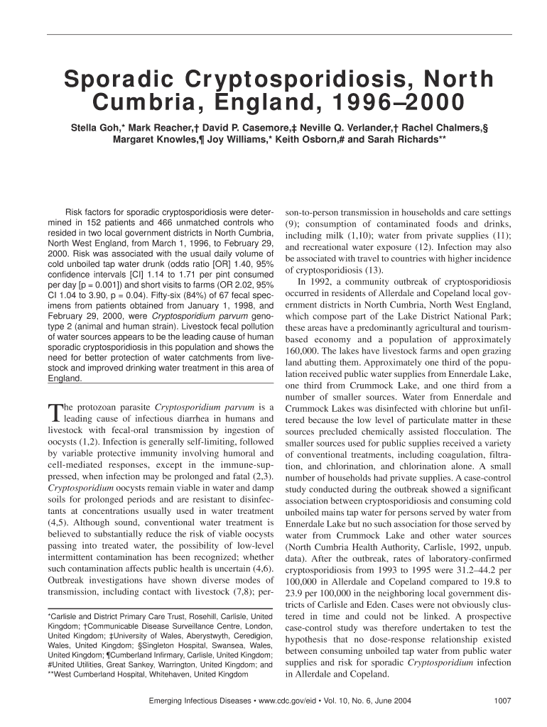Sporadic Cryptosporidiosis, North Wwwnc Cdc  Form