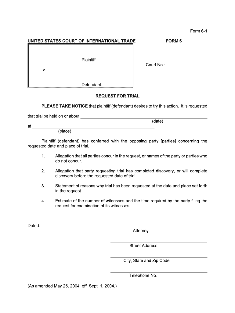 Form 6 1 UNITED STATES COURT of INTERNATIONAL TRADE FORM 6 Plaintiff, Court No Cit Uscourts