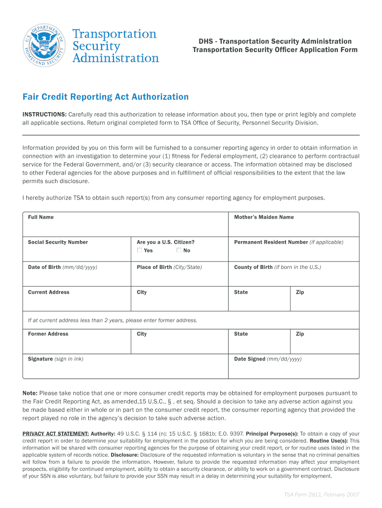  Tsa Form 2811 2007-2024