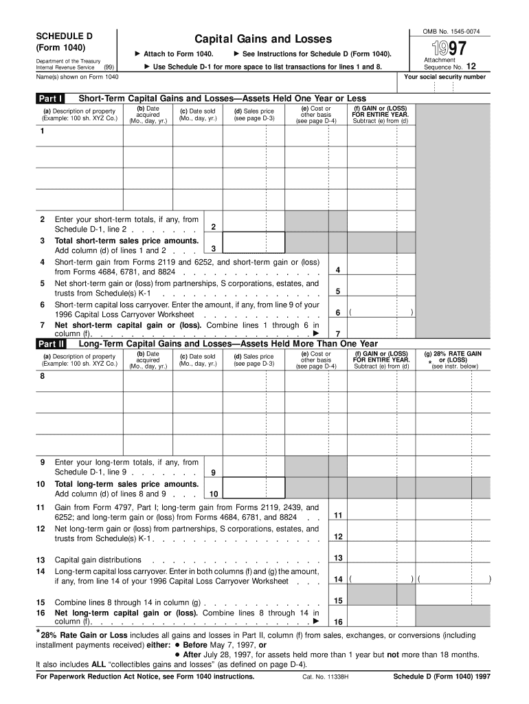  Form 1040 Schedule D Capital Gains and Losses Irs 1997