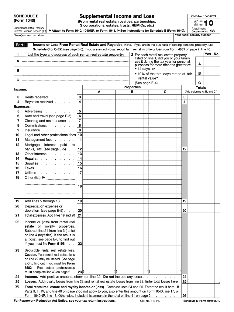  Schedule E Form 2010