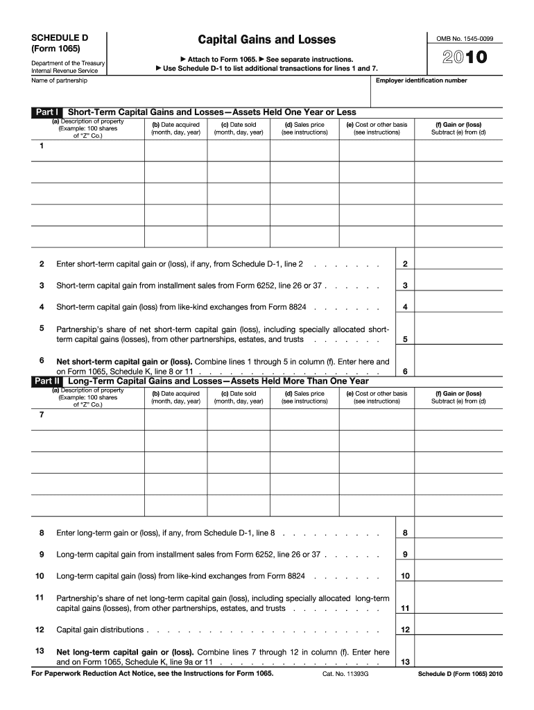  Schedule D Form 1065 Capital Gains and Losses 2010