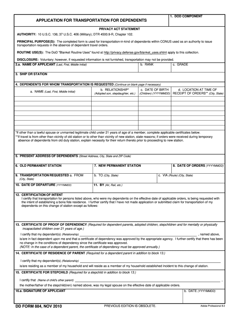 Application for Transportation of Dependents Fillable  Form