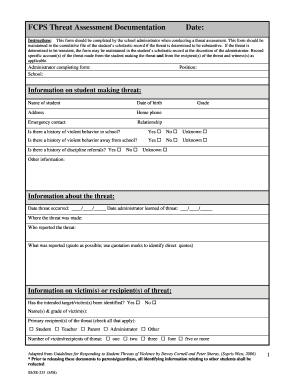 FCPS Threat Assessment Documentation Date Readiness and Rems Ed  Form