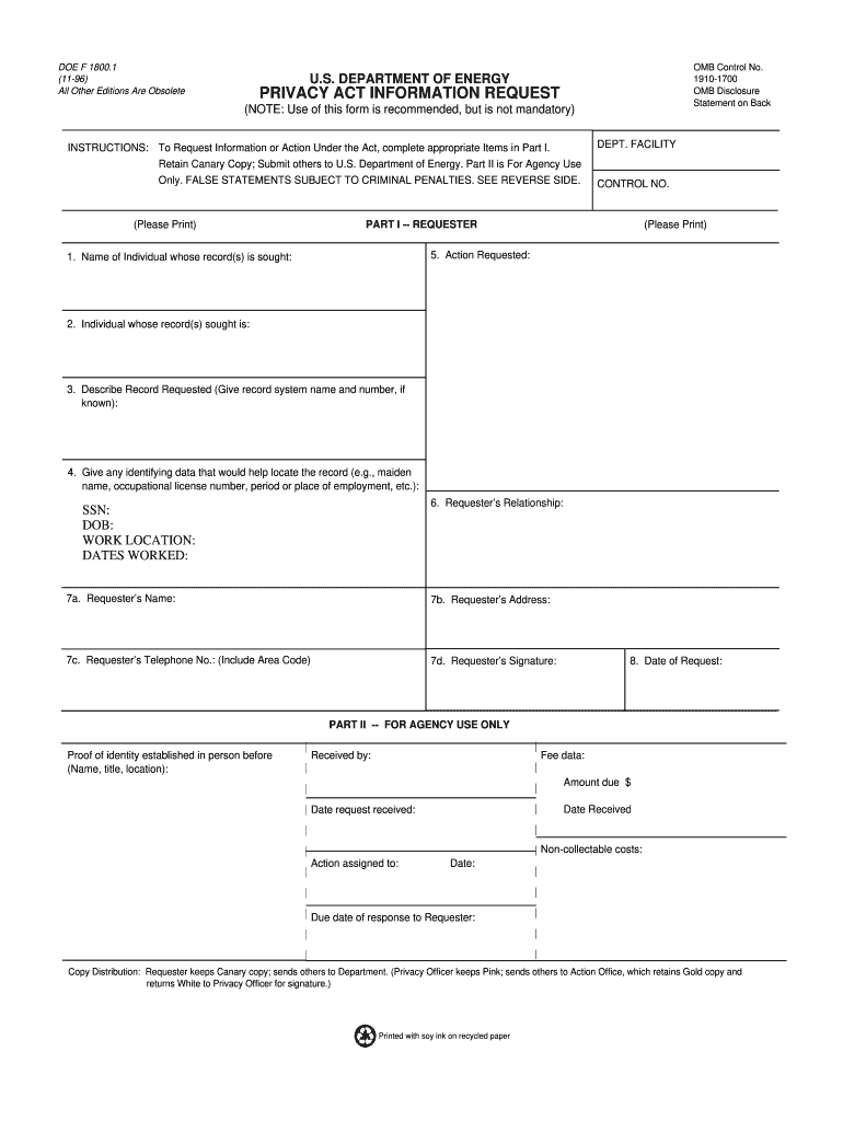 DOE F 1800 1 Privacy Act Information Request  Nnsa Energy