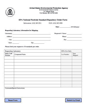 US EPA National Pesticide Standard Repository Order Form Epa
