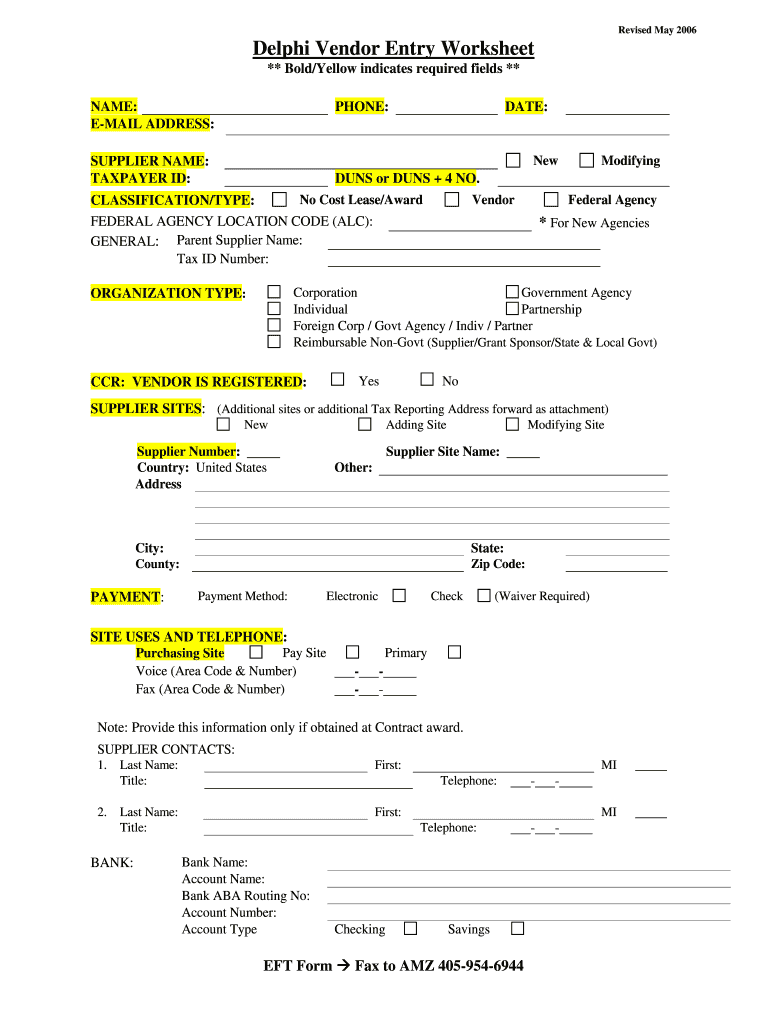  Delphi Vendor Entry Worksheet Form 2006-2024