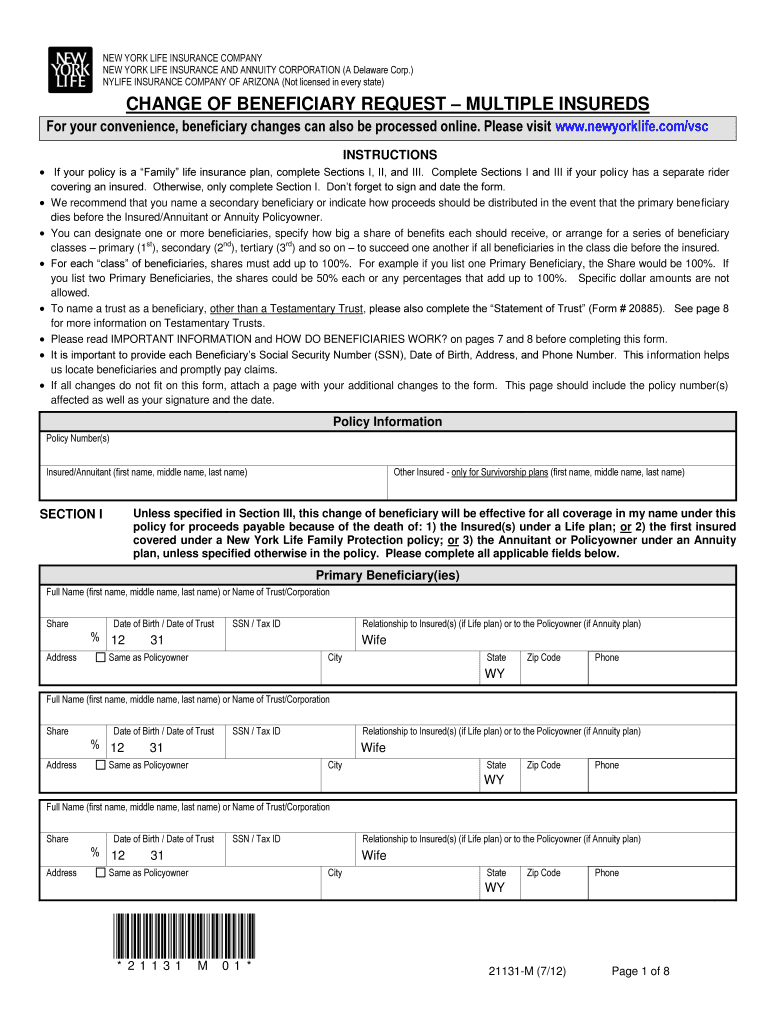 New York Life Beneficiary Change Form