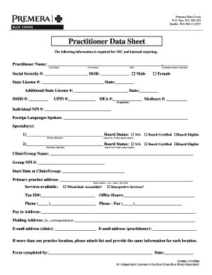  Premera Blue Cross Practitioner Data Sheet Form 2005-2024