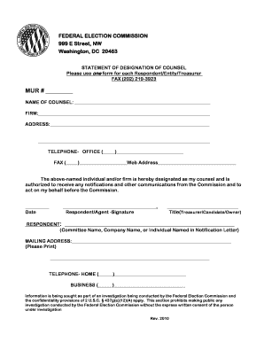 FEC Designation of Counsel Form Federal Election Commission Fec