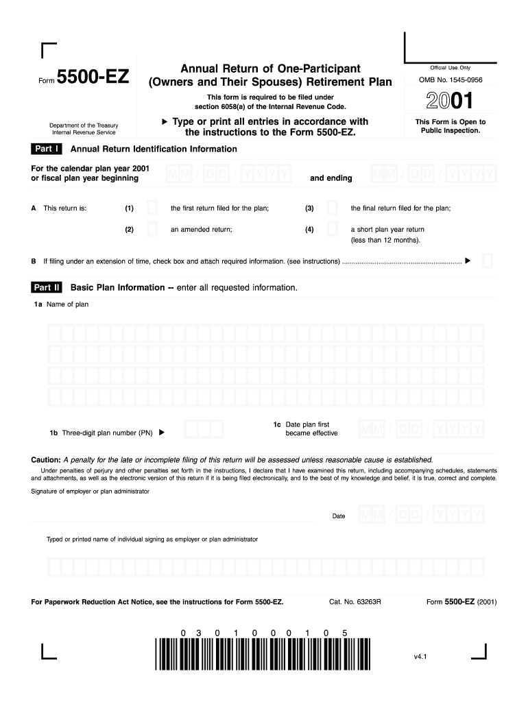  Form 5500 EZ Annual Return of One Participant Pension Retirement Plan Irs 2001