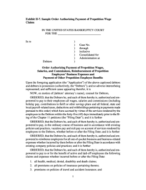 Exhibit II 7 Sample Order Authorizing Payment of Prepetition Wage Claims Fjc  Form