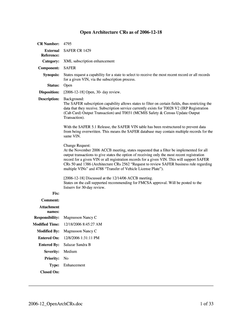 Closed Architecture CRs as of 12 18 CVISN Cvisn Fmcsa Dot  Form