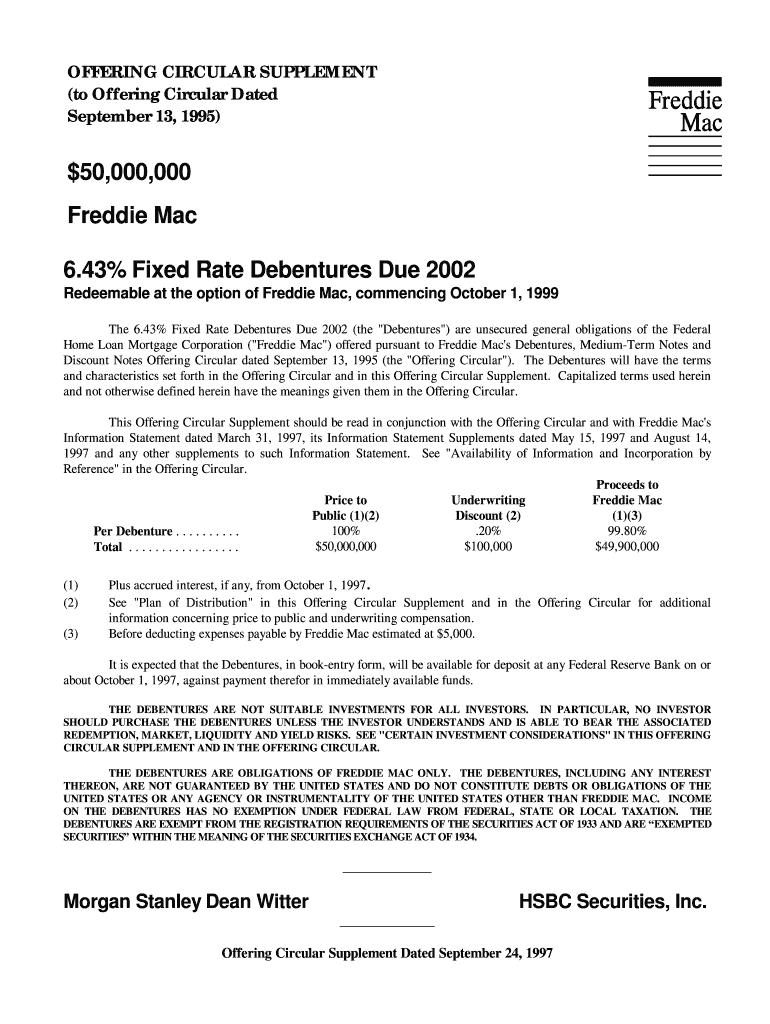 OFFERING CIRCULAR SUPPLEMENT to Offering Circular Dated September 13, $50,000,000 Freddie Mac 6  Form