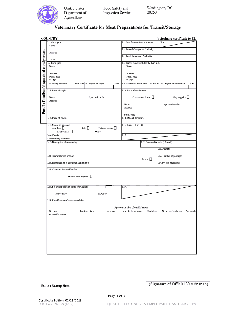  Veterinary Certificate for Meat Preparations for TransitStorage  Fsis Usda 2015-2024