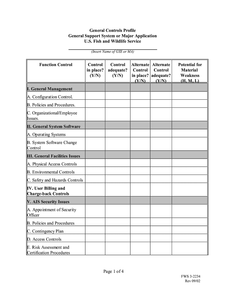 FWS 3 2234 General Controls Profile; General Support System or Major Application  Form