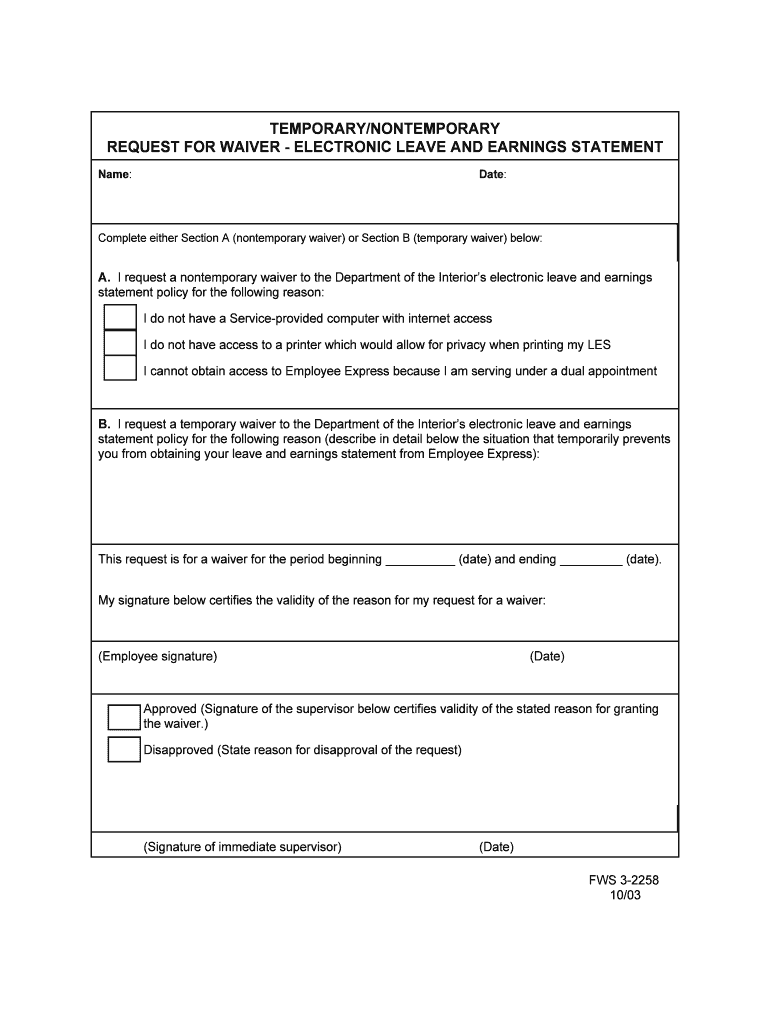 U S Fish and Wildlife Service Form 3 2258 TEMPORARYNONTEMPORARY REQUEST for WAIVER ELECTRONIC LEAVE and EARNINGS STATEMENT