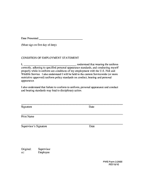 U S Fish and Wildife Service Form 3 2400 Condition of Employment Statement