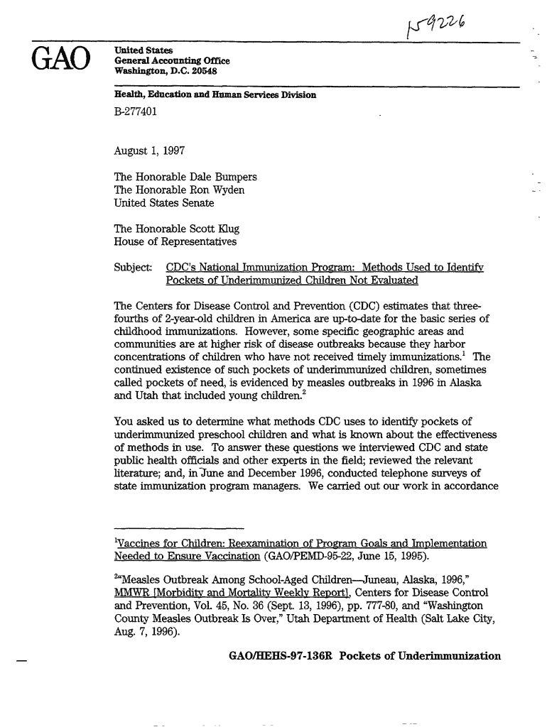 HEHS 97 136R CDC&#039;s National Immunization Program Correspondence Archive Gao  Form