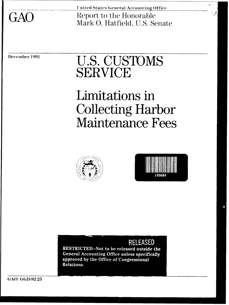 GGD 92 25 U S Customs Service Justice and Law Enforcement Gao  Form