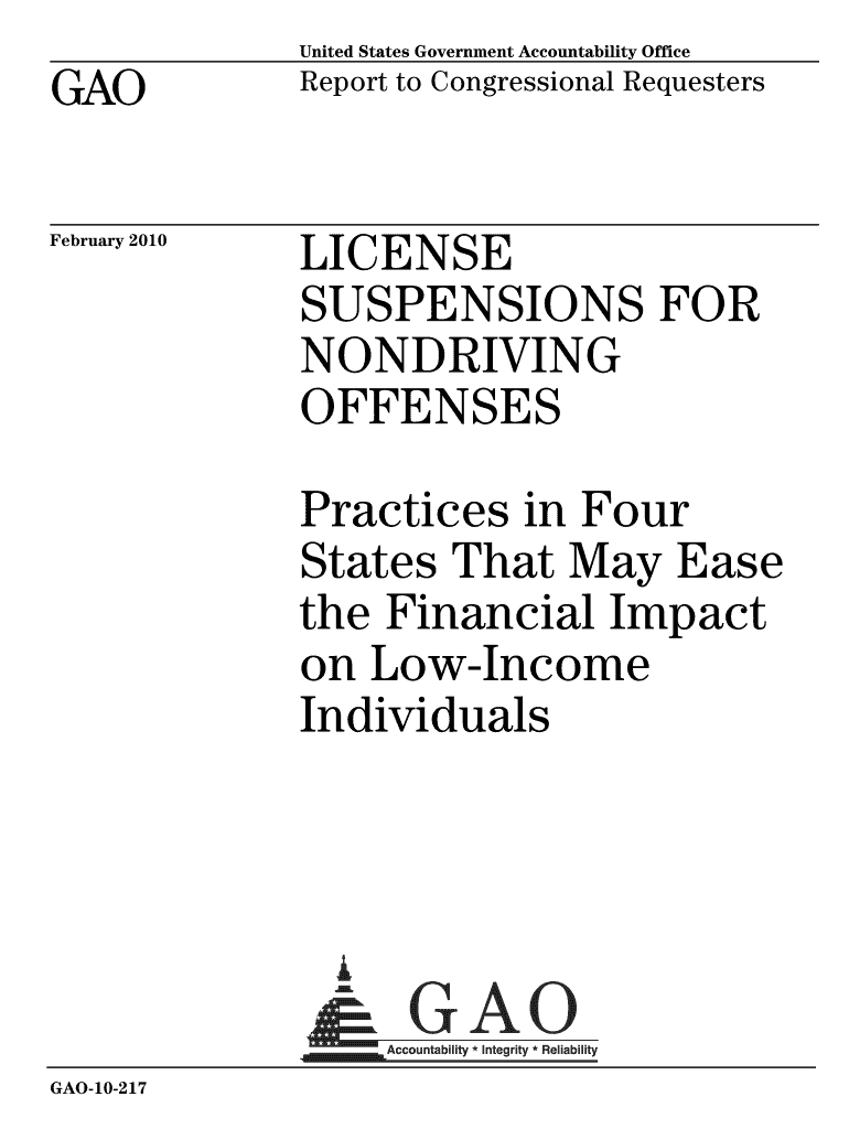 GAO 10 217 License Suspensions for Nondriving Offenses Gao  Form