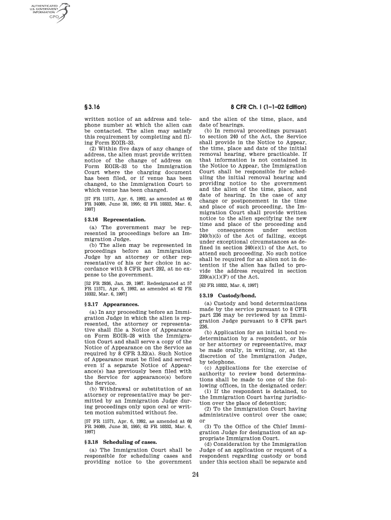 8 CFR Ch I 1 1 02 Edition 3 16 Gpo  Form