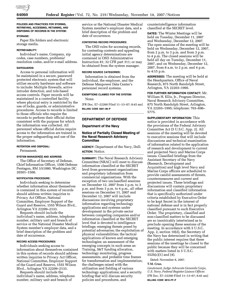 72 FR 64060 Notice of Partially Closed Meeting U S Government Gpo  Form
