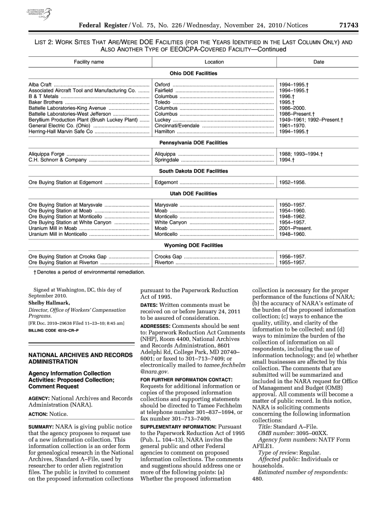 LIST 2 WORK SITES that AREWERE DOE FACILITIES for the YEARS IDENTIFIED in the LAST COLUMN ONLY and Gpo  Form