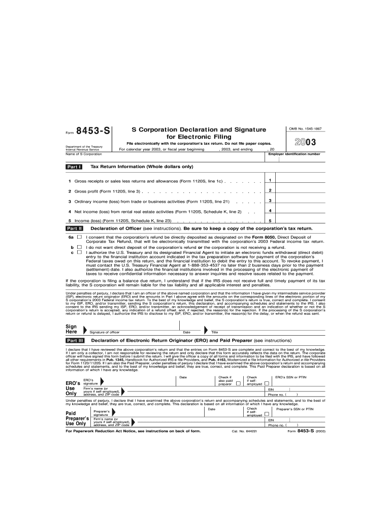  Form 8453 S IRS Irs 2003